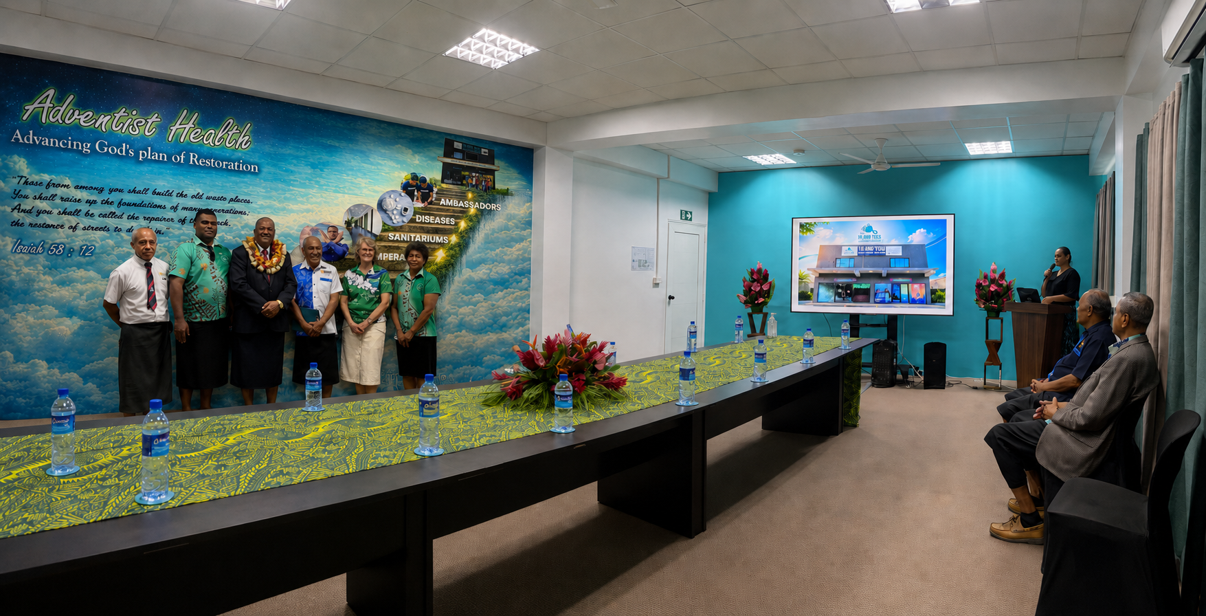 Complete panoramic view of the Ten Thousand Toes conference room and presentation event